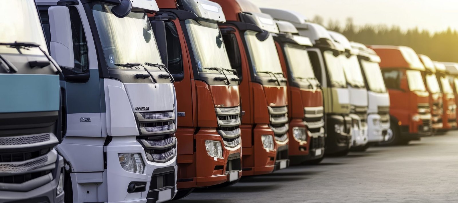 A vibrant array of heavy-duty trucks lined up neatly at sunset, illustrating modern transportation and logistics, ideal for showcasing industry innovations and urban development.