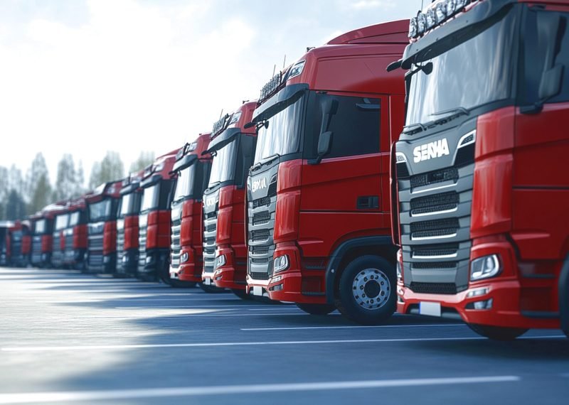 Trucks parked at parking lot yard of delivery company
